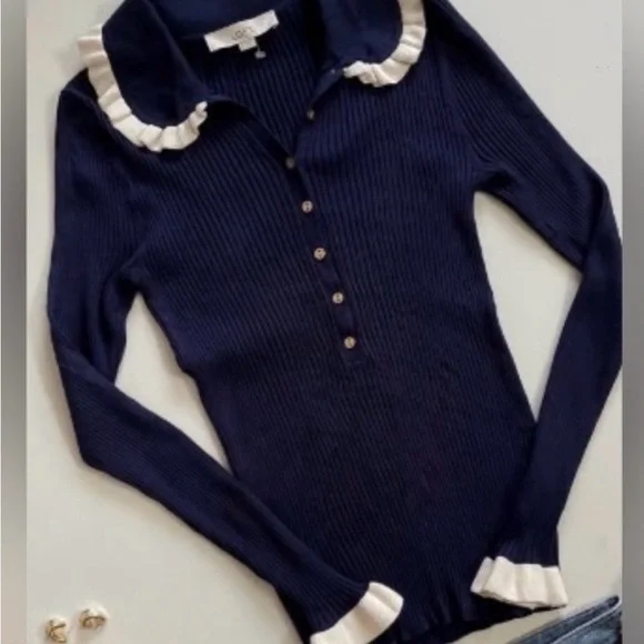 LOFT Navy Button Down Shirt with Cream Details and cute buttons - Picture 2 of 6